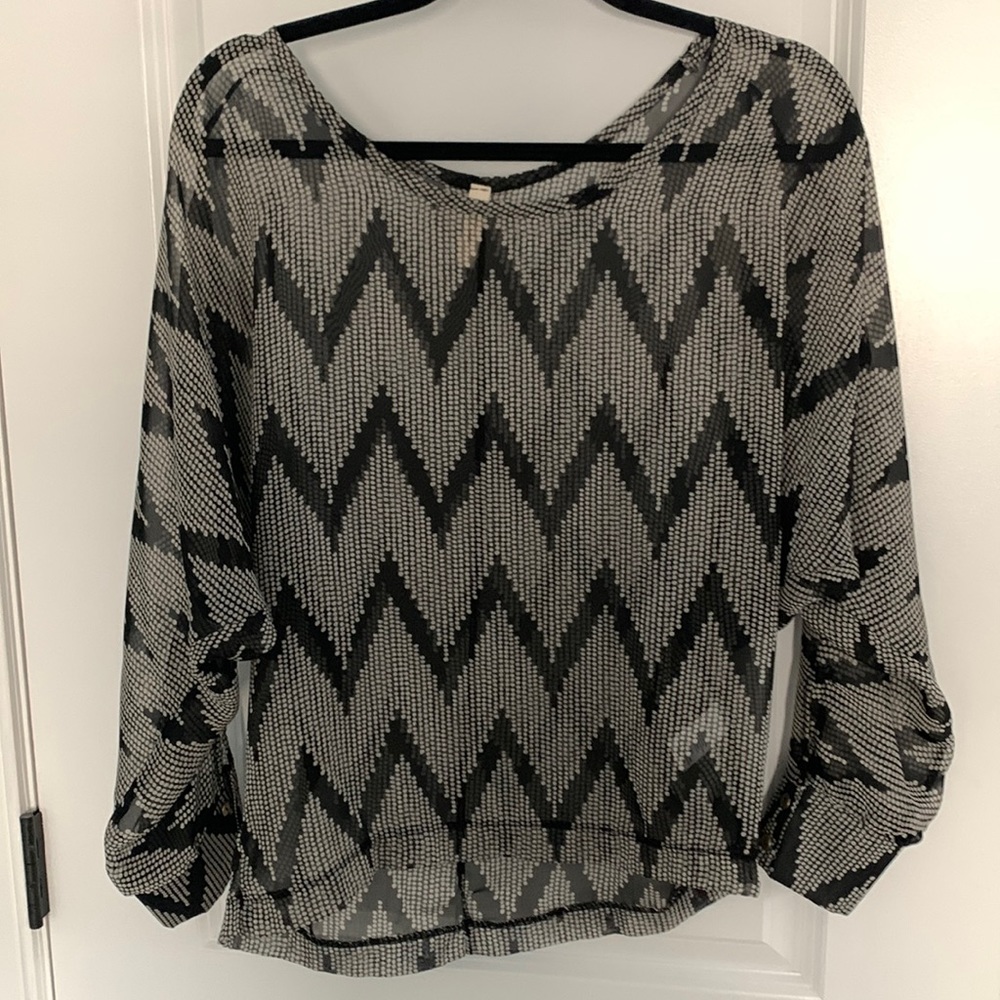 Mind Code Black and Ivory, Long Sleeve Sheer Blouse, Size Small